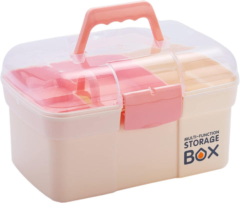 11'' Plastic Storage Box with Removable Tray, Multipurpose Organizer and Storage Case for Art Craft and Cosmetic (Pink)