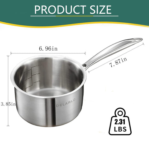 DELARLO Stainless Steel Small Brushed Saucepan With Lid, Induction Cooking Sauce Pot Pans, 18/8 Tri-Ply Heavy Bottom Saucier Cookware, Dishwasher Safe & Oven Safe(2 Quart)