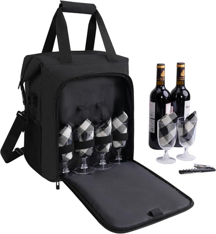 ALLCAMP Wine tote Bag with Cooler Compartment, Picnic Set Carrying Two sets of tableware