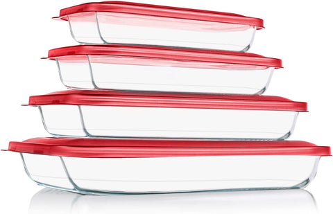 8 Pieces Glass Baking Dish with Lids Rectangular Glass Baking Pan Bakeware Set with Lids, Baking Pans for Lasagna, Leftovers, Cooking, Kitchen, Fridge-to-Oven, Gray