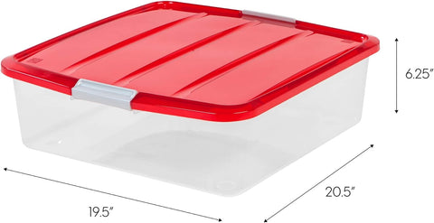 33 Quart Christmas Wreath Storage Container Box with Lid, 3-Pack, Stackable Under Bed Storage Organizer Bin with Latching Buckles for 20" Wreaths Christmas Decorations Garlands, Clear/Red
