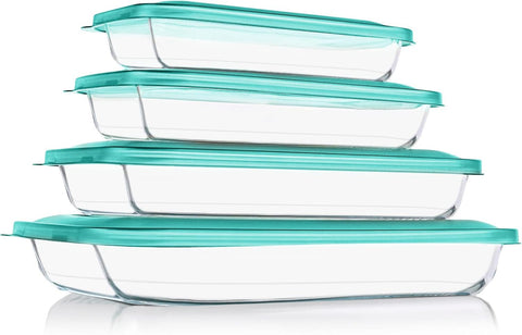 8 Pieces Glass Baking Dish with Lids Rectangular Glass Baking Pan Bakeware Set with Lids, Baking Pans for Lasagna, Leftovers, Cooking, Kitchen, Fridge-to-Oven, Gray