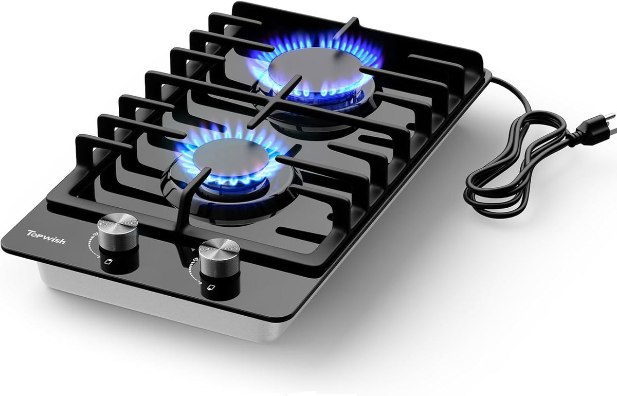 2 Burner Propane Gas Cooktop Black Tempered Glass, 12 Inch Built-in NG/LPG Convertible Gas Stove Top, 18,000BTU Gas Hob with Flame-out Protection for Kitchen, Apartment，RV,110V