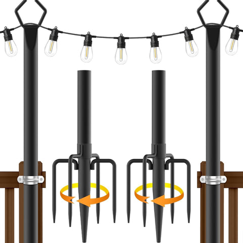 10Ft String Light Poles 4 Pack,Light Poles for Outside Lights,Outdoor with Fence Brackets Hanging Lights,Metal Stand Deck Patio Backyard