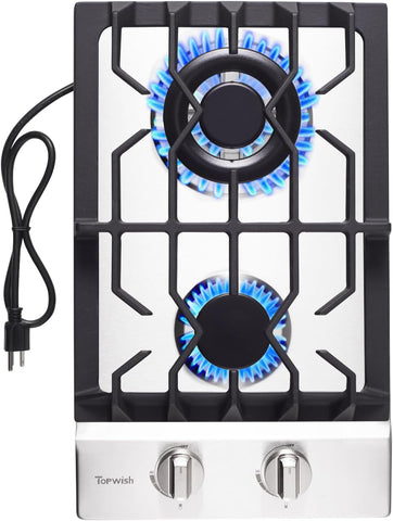 2 Burner Propane Gas Cooktop Black Tempered Glass, 12 Inch Built-in NG/LPG Convertible Gas Stove Top, 18,000BTU Gas Hob with Flame-out Protection for Kitchen, Apartment，RV,110V