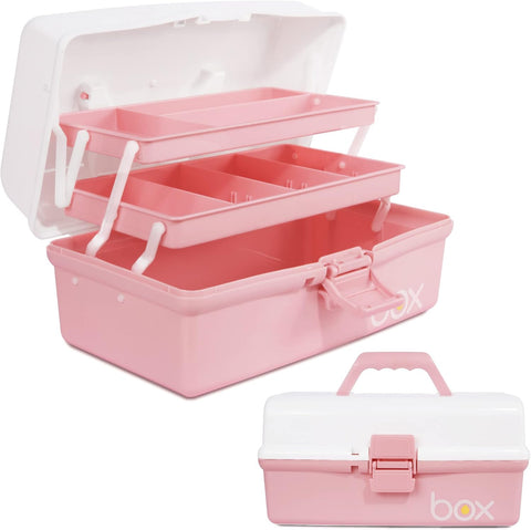 12in Three-Layer Multipurpose Storage Box Organizer Folding Tool Box/Art & Crafts Case/Sewing Supplies Organizer/Family First Aid organizer/Medicine Storage with 2 Trays (Pink)