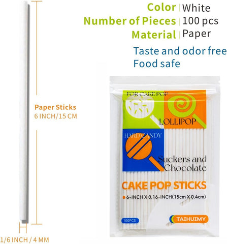 100 Count 6 INCH White Paper Lollipop Sticks,Cake Pop Sticks,Sucker Sticks for Cookies,Rainbow Candy,Chocolate,Cake Topper(Dia 4mm)