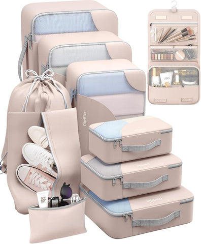 10 Set/8 Set Packing Cubes for Travel, Gifts for Women Mom,Anti-Tearing Suitcase Organizer for Luggage with Shoe & Hanging Toiletry Bag,OlarHike Vacation Essentials & Accessories for Cruise Ship,Cream