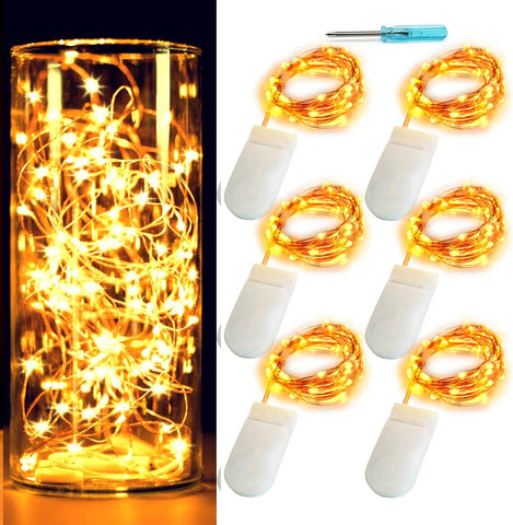 6 Pack Fairy Lights Battery Operated with Timer 2PCS Remote 6.5ft 20LED Warm White Twinkle Lights Waterproof Silver Wire Fireflies Lights DIY Mason Jar Wedding Party Christmas Centerpiece Table Deco