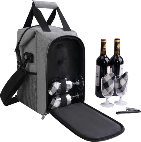 ALLCAMP Wine tote Bag with Cooler Compartment, Picnic Set Carrying Two sets of tableware
