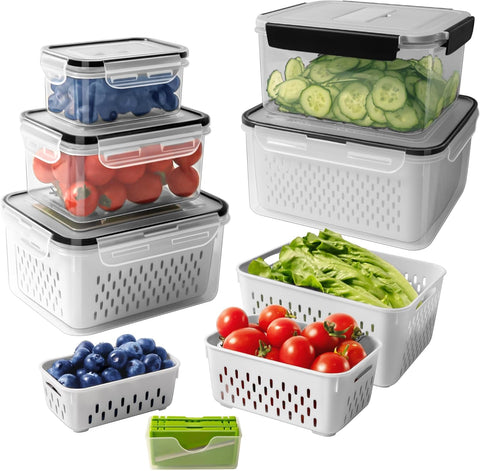 5 PCS Large Fruit Containers for Fridge - Leakproof Food Storage Containers with Removable Colander - Dishwasher & microwave safe Produce Containers Keep Fruits, Vegetables, Berry, Meat Fresh longer