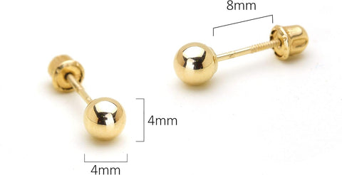 14k Yellow Gold 2,3,4,5,6mm Plain Hollow Gold Ball Children Screw back Baby Girls Stud Earrings