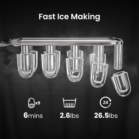 AGLUCKY Encimera para hacer hielo con asa, 26.5 libras/24 horas, 9 cubos en 6 minutos, 2 tamaños de hielo bala, máquina portátil con autolimpieza, perfecta para cocina del hogar (negro)