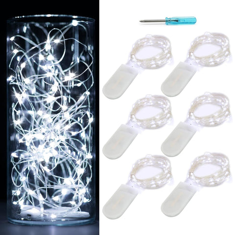 6 Pack Fairy Lights Battery Operated with Timer 2PCS Remote 6.5ft 20LED Warm White Twinkle Lights Waterproof Silver Wire Fireflies Lights DIY Mason Jar Wedding Party Christmas Centerpiece Table Deco