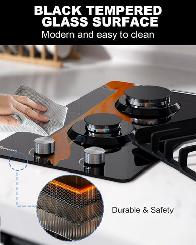 2 Burner Propane Gas Cooktop Black Tempered Glass, 12 Inch Built-in NG/LPG Convertible Gas Stove Top, 18,000BTU Gas Hob with Flame-out Protection for Kitchen, Apartment，RV,110V