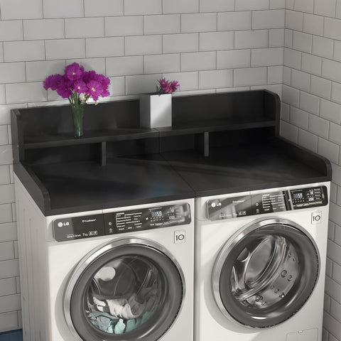 54" W x 27.5" D Washer Dryer Countertop, Laundry Wood Shelf Topper with Edge, 2-Tier Organizer for Washer and Dryer Laundry Hamper Counter Storage Organization, Large Space Laundry Topper, White
