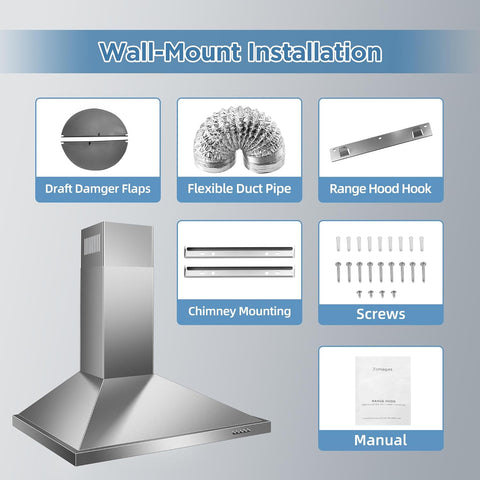 24 Inch Range Hood, Wall Mount Vent Hood in Stainless Steel with Ducted/Ductless Convertible Duct, 3 Speed Exhaust Fan, Energy Saving LED Light, Push Button Control, 2 Pcs Baffle Filters