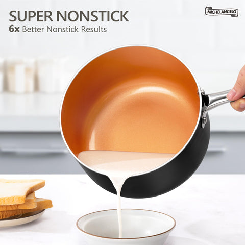 MICHELANGELO Sauce Pan with Lid, Ultra Nonstick 3 Qt Saucepan with Lid, 3 Quart Non Stick Pot Induction Compatible, Ceramic Small Pot, Copper