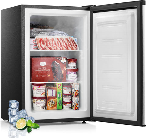 1.1 Cu.ft Small Upright Freezer, Compact Mini Freezer with Removable Shelves, Adjustable Thermostat, Reversible Door Hinge, Quiet for Home/Office/Kitchen/Dorm, Black
