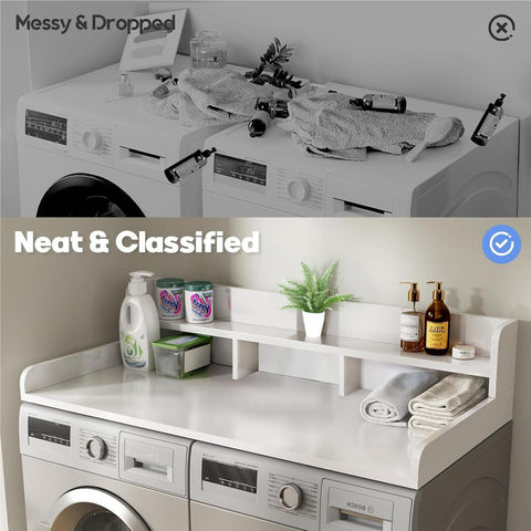 54" W x 27.5" D Washer Dryer Countertop, Laundry Wood Shelf Topper with Edge, 2-Tier Organizer for Washer and Dryer Laundry Hamper Counter Storage Organization, Large Space Laundry Topper, White