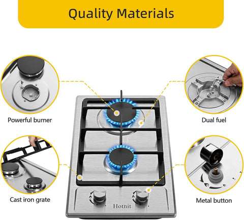 2 Burner Propane Gas Cooktop, 12" Inch LPG/NG Dual Fuel Built-in Gas Stove Top, Stainless Steel Electronic Ignition Gas Hob for Apartment, Outdoor, RVs(L12"×W20")…