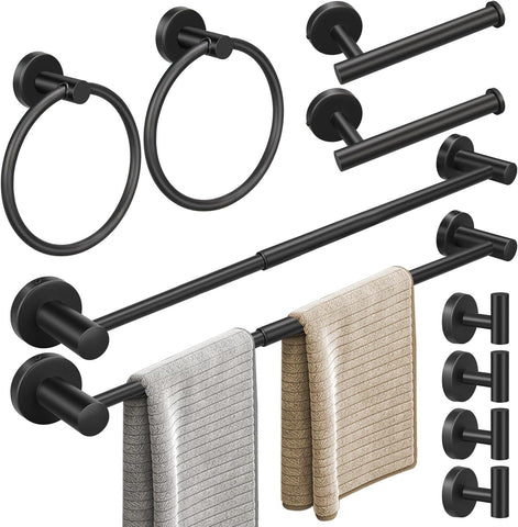 5/10/20pcs Bathroom Hardware Set, Including 16" Hand Towel Bars, Toilet Paper Holders, Towel Rings, Robe Towel Hooks (10pcs 16" Black)