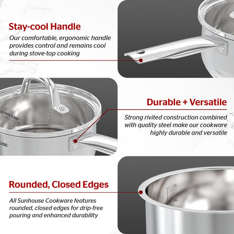 SUNHOUSE 1.5 Quart Sauce Pan, Stainless Steel Sauce Pan With Lid, Advanced Impact Bonding Technology, Stay-Cool Handle, Dishwasher Safe, Compatible with All Cooktops, PFOA Free