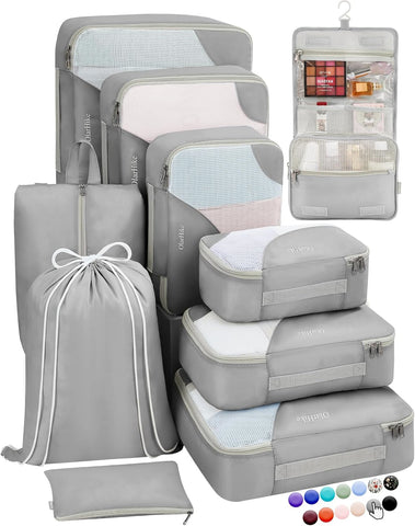 10 Set/8 Set Packing Cubes for Travel, Gifts for Women Mom,Anti-Tearing Suitcase Organizer for Luggage with Shoe & Hanging Toiletry Bag,OlarHike Vacation Essentials & Accessories for Cruise Ship,Cream