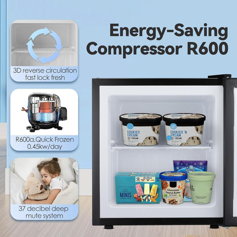 1.1 Cu.ft Small Upright Freezer, Compact Mini Freezer with Removable Shelves, Adjustable Thermostat, Reversible Door Hinge, Quiet for Home/Office/Kitchen/Dorm, Black