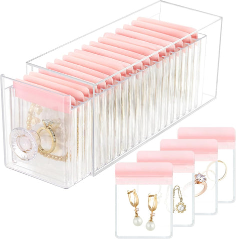Acrylic Jewelry Box Organizer, Clear Jewelry Organizer and Storage with 20 Portable Anti Tarnish Jewelry bags, Travel Jewelry Case for Earrings/Rings/Necklaces Gifts for Women Girls, Clear