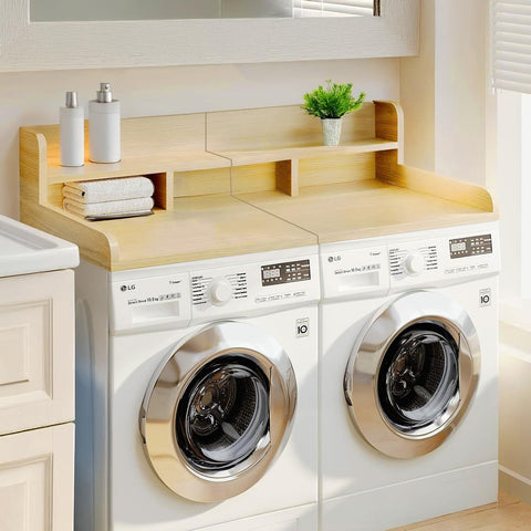 54" W x 27.5" D Washer Dryer Countertop, Laundry Wood Shelf Topper with Edge, 2-Tier Organizer for Washer and Dryer Laundry Hamper Counter Storage Organization, Large Space Laundry Topper, White