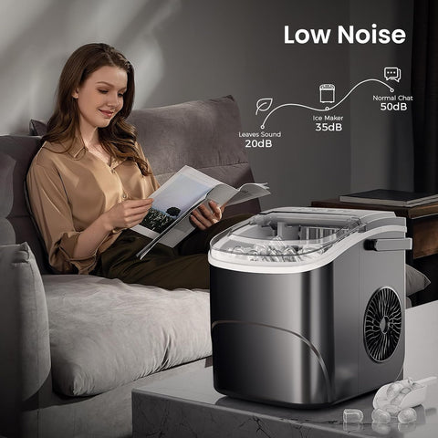AGLUCKY Encimera para hacer hielo con asa, 26.5 libras/24 horas, 9 cubos en 6 minutos, 2 tamaños de hielo bala, máquina portátil con autolimpieza, perfecta para cocina del hogar (negro)