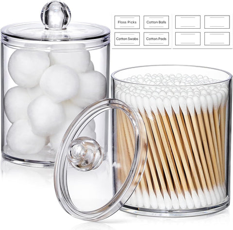 4 Pack Acrylic Qtip Holder Dispenser for Cotton Swabs, Balls, Pads, Floss Picks- Small Clear Plastic Canister Apothecary Jar Set, Bathroom Essentials Accessories Decor, Vanity Makeup Storage Organizer