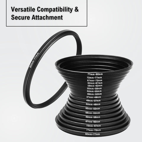 18-Piece Filter Ring Adapter Set - 9X Step-Up Rings and 9X Step-Down Rings for Lens Filters, Lens Hoods, and Lens Converters - Includes 4X Microfiber Cleaning Cloths (7x6 Inches)