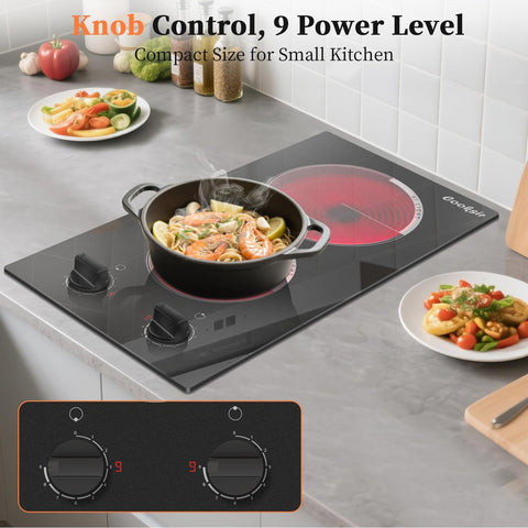 2 Burner Electric Cooktop - 110v Countertop and Built-in Electric Stove 2000W, 12 Inch Ceramic Stove with Residual Heat Indicator, Over-Temperature Protection, Knob Control, 110-120V Plug in
