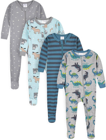 4-Pack Boys Safari Animals & Crab Snug Fit Footed Cotton Pajamas