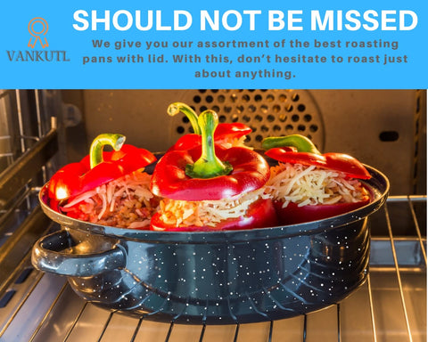 16 Inch Roasting Pan with Lid - Covered Oval Roaster - Enamel Carbon Steel Roaster Pot - Excellent Heat Distribution and Non-sticky - for Turkey Chicken Meat & Vegetables -Birthday and Holiday gifts