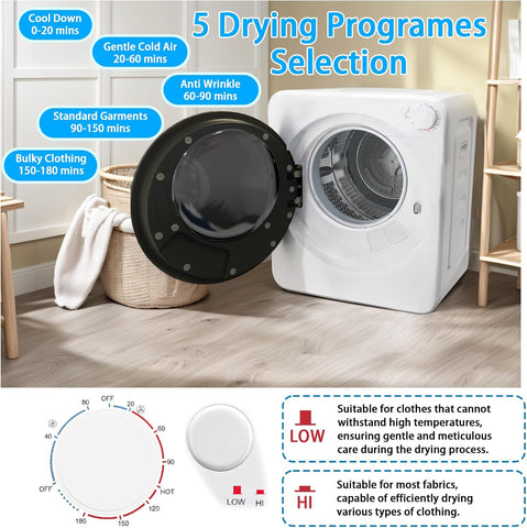 1.8 cu.ft Portable Clothes Dryer, 800W Compact Dryer with Stainless Steel Tub, 5 Modes Auto Stop & Easy Control Electric Dryers, Ideal for Laundry, Apartments, Dorms, RVs, White