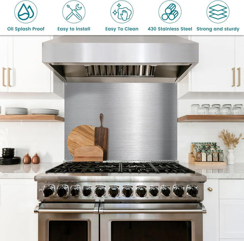 30" x 24" Stainless Steel Stove Backsplash Panel - Ultra Thin Flush Mount Splash Guard for Kitchen Wall | Easy Install with Pre-Drilled Holes | Heat & Stain Resistant Metal Backsplash Behind Cooktop