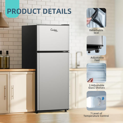 4.5 Cu Ft Mini Fridge for Bedroom, 2 Door Small Fridge, 7 Level Thermostat, LED Light, Small Refrigerator for Bedroom, Office, Dorm
