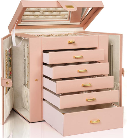 AKOZLIN Huge Jewelry Box Organizer Functional Lockable, Large Leather Jewelry Storage Case for Women Girls Ring Necklace Earring Bracelet Holder Organizer with Mirror