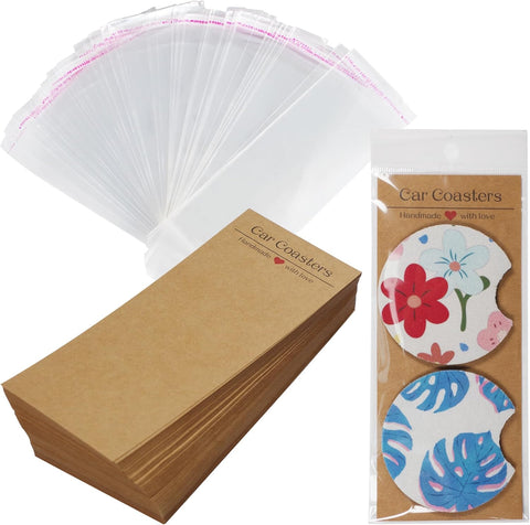 100PCS Car Coaster Packaging for Selling, Sublimation Blanks Car Coasters Cards with Bags, Sublimation Car Coasters Display Cards 6.8x2.85In, Heat Press Machines Accessories