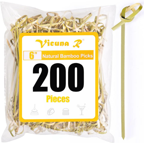 200PCS Cocktail Picks Bamboo Skewers for Appetizers, Fancy Toothpicks for Appetizers, 4.7 Inch Long Decorative Knot Bamboo Cocktail Sticks for Party Drinks Food Fruit Charcuterie Boards Accessories