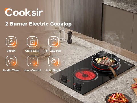 2 Burner Electric Cooktop - 110v Countertop and Built-in Electric Stove 2000W, 12 Inch Ceramic Stove with Residual Heat Indicator, Over-Temperature Protection, Knob Control, 110-120V Plug in