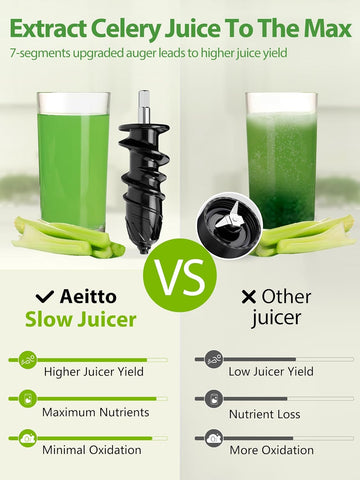 Aeitto Juicer Machines with Soft & Hard Modes, Quiet Motor, Reverse Function, Juicer Machines Vegetable and Fruit, Cold Press Juicer, Easy to Clean with Brush