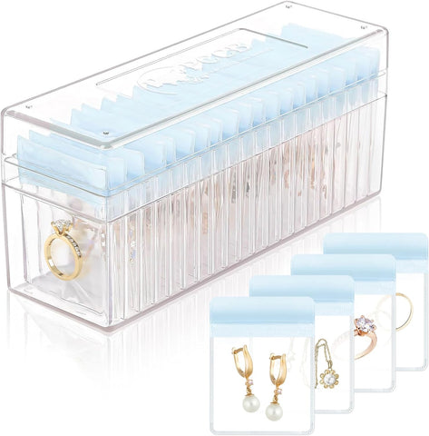 Acrylic Jewelry Box Organizer, Clear Jewelry Organizer and Storage with 20 Portable Anti Tarnish Jewelry bags, Travel Jewelry Case for Earrings/Rings/Necklaces Gifts for Women Girls, Clear