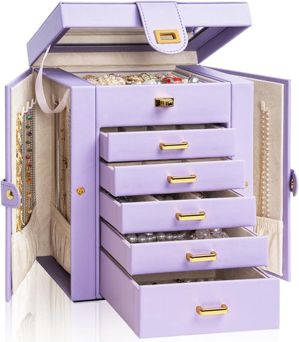 AKOZLIN Huge Jewelry Box Organizer Functional Lockable, Large Leather Jewelry Storage Case for Women Girls Ring Necklace Earring Bracelet Holder Organizer with Mirror