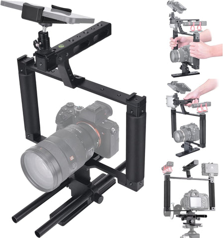 3-Shoe DSLR/Mirrorless/Action Camera Camcorder Phone Stabilizer Expansion Cage Mount Moviemaking Holder Rig YouTube Tiktok Vlogging Video Kit Compatible with GoPro Canon Nikon Sony iPhone Android