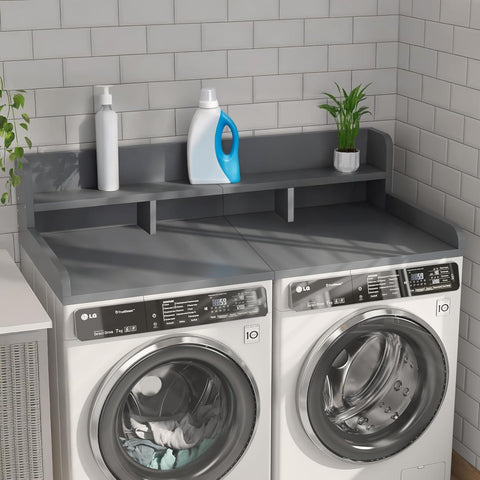54" W x 27.5" D Washer Dryer Countertop, Laundry Wood Shelf Topper with Edge, 2-Tier Organizer for Washer and Dryer Laundry Hamper Counter Storage Organization, Large Space Laundry Topper, White