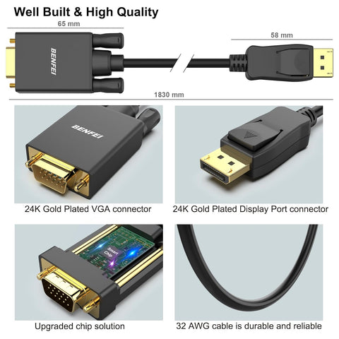 Adaptador de DisplayPort a VGA, Benfei DP DisplayPort a VGA, cable de 6 pies, macho a macho chapado en oro compatible con Lenovo, Dell, HP, ASUS y otras marcas